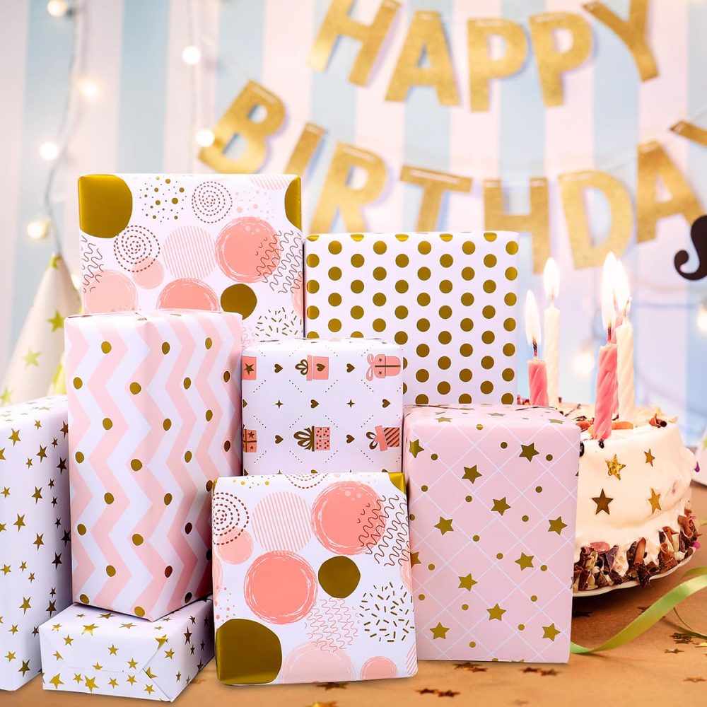 Wrapping Paper Sheets, 12 Sheets Birthday Wrapping Paper for Girls Women Female, Pink and Gold Foil Gift Wrapping Paper Gift Wrap for Birthday, Wedding, Valentine's Day, Party, Baby Shower, 70 X 50CM - Image 8