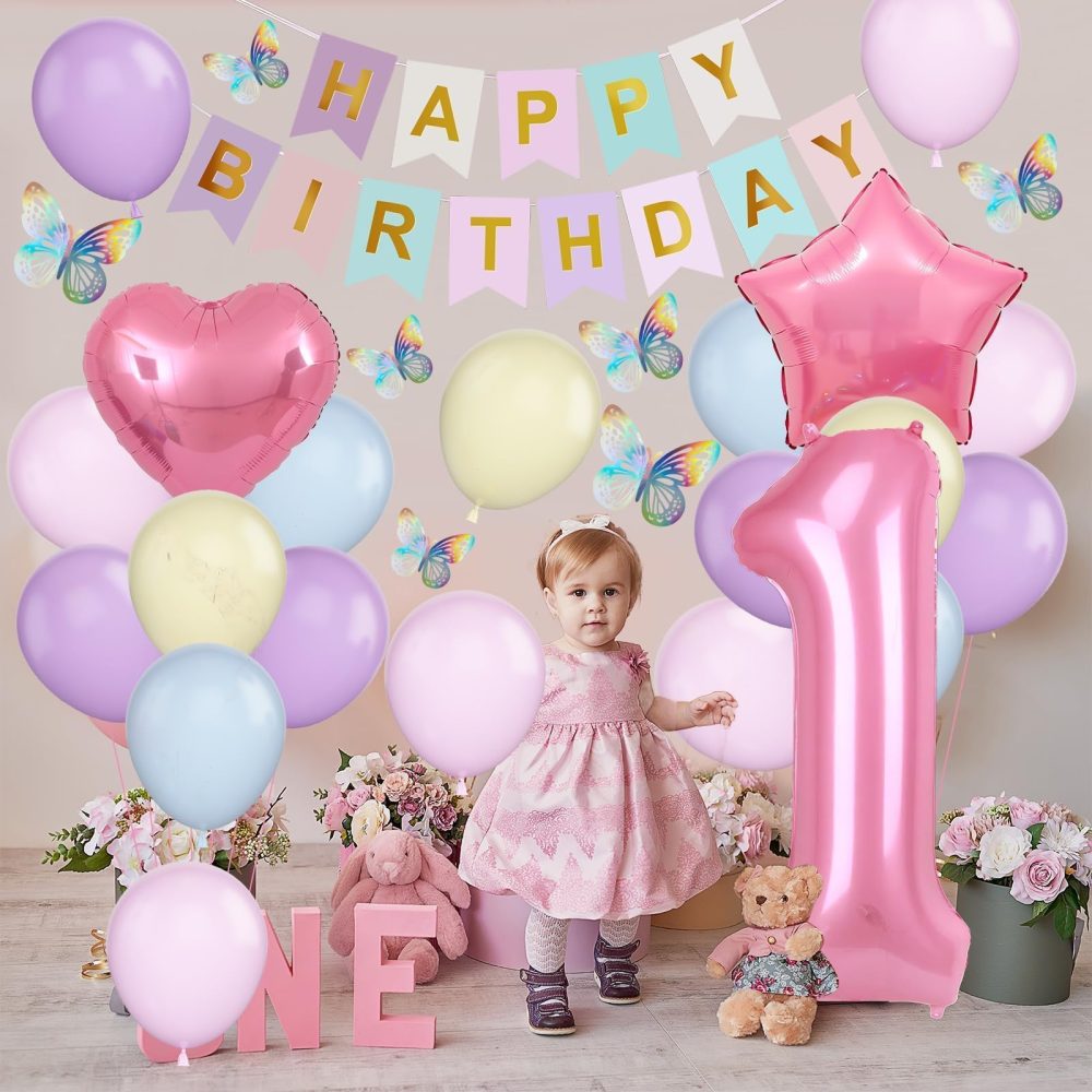 1st Birthday Decoration for Girls, Pastel Macaron 1st Birthday Balloon, Pink Number 1 Balloon with Butterfly Stickers, Star Heart Foil Balloons Banner Set for Baby 1 Year Old Birthday Party Decor - Image 5
