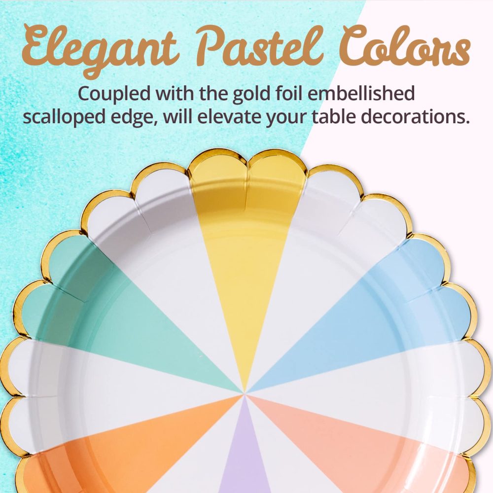 Confettiville Party Paper Plates, 50-Pack, Disposable Paper Plates, Gold Foil Scalloped Edge, Striped Pastel, 9-Inch - Image 3