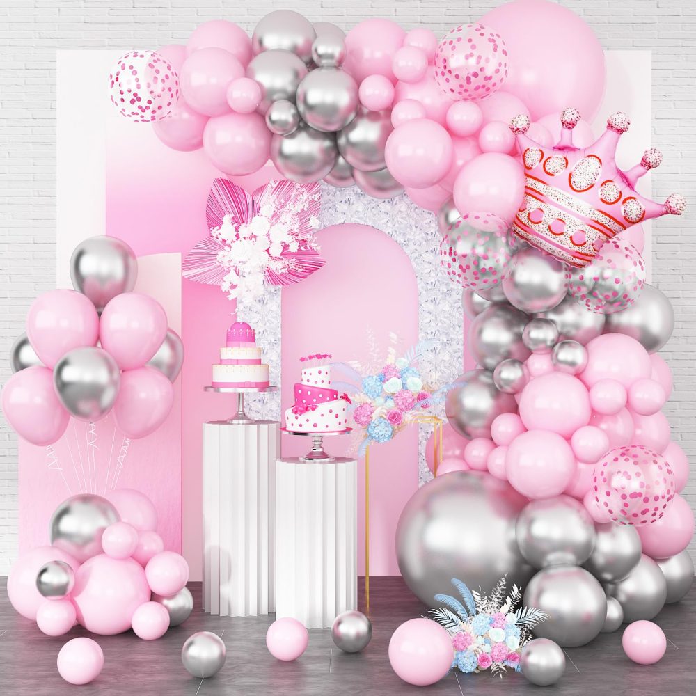 Pink and Silver Balloon Garland Arch Kit, 18/12/10/5 Inch Pastel Pink Silver Party Balloon with Pink Crown Foil Balloons for Princess Girls Baby Shower Wedding Birthday Party Decor