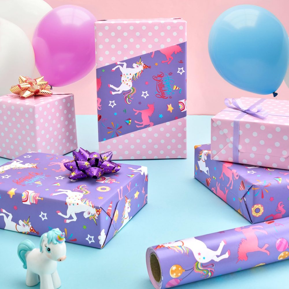 Unicorn Reversible Wrapping Paper Roll - 1 Roll 43,2cm x 10m Happy Birthday Wrapping Paper Roll Kids Unicorn Birthday Gift Wrap Roll Girls Wrapping Paper Polka Dot Design Unicorn Party Favor - Image 3