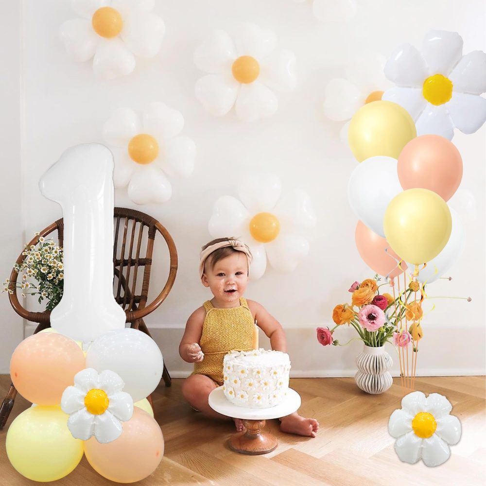 Daisy Theme 1st Birthday Balloons, 32 Inch White Number 1 Balloon with Daisy Foil, Latex Balloons for Daisy Balloon Garland as Party Decorations, Birthday, Wedding, Baby Shower Decorations - Image 4