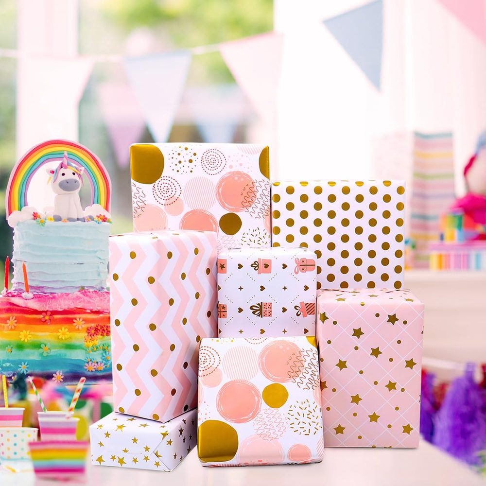 Wrapping Paper Sheets, 12 Sheets Birthday Wrapping Paper for Girls Women Female, Pink and Gold Foil Gift Wrapping Paper Gift Wrap for Birthday, Wedding, Valentine's Day, Party, Baby Shower, 70 X 50CM - Image 2