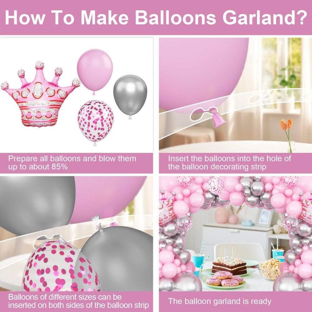 Pink and Silver Balloon Garland Arch Kit, 18/12/10/5 Inch Pastel Pink Silver Party Balloon with Pink Crown Foil Balloons for Princess Girls Baby Shower Wedding Birthday Party Decor - Image 6