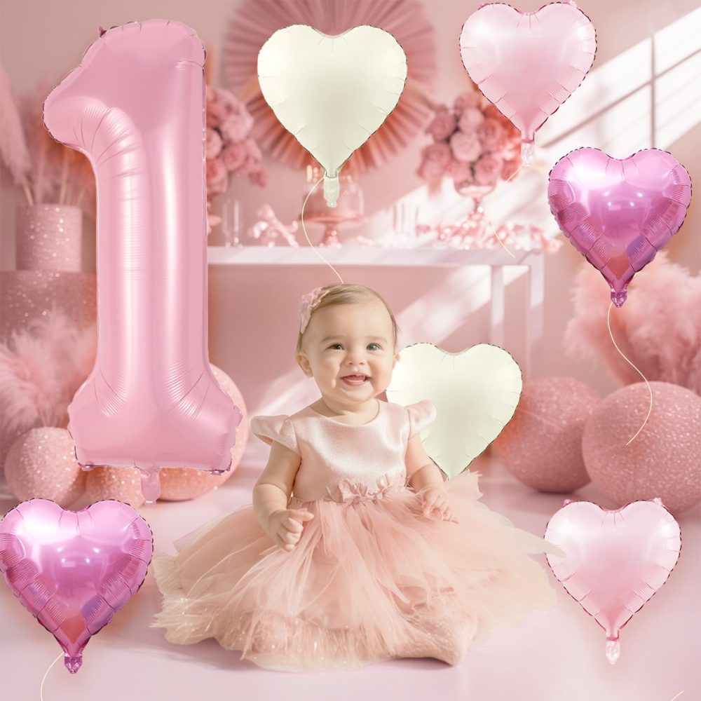 40 Inch Pink 1 Balloons, Large Light Pink Number One Balloon with Pastel Baby Pink Cream Foil Heart Balloons Helium for Girls 1st Birthday Party First One Year Baby Shower Princess Party Decorations - Image 5