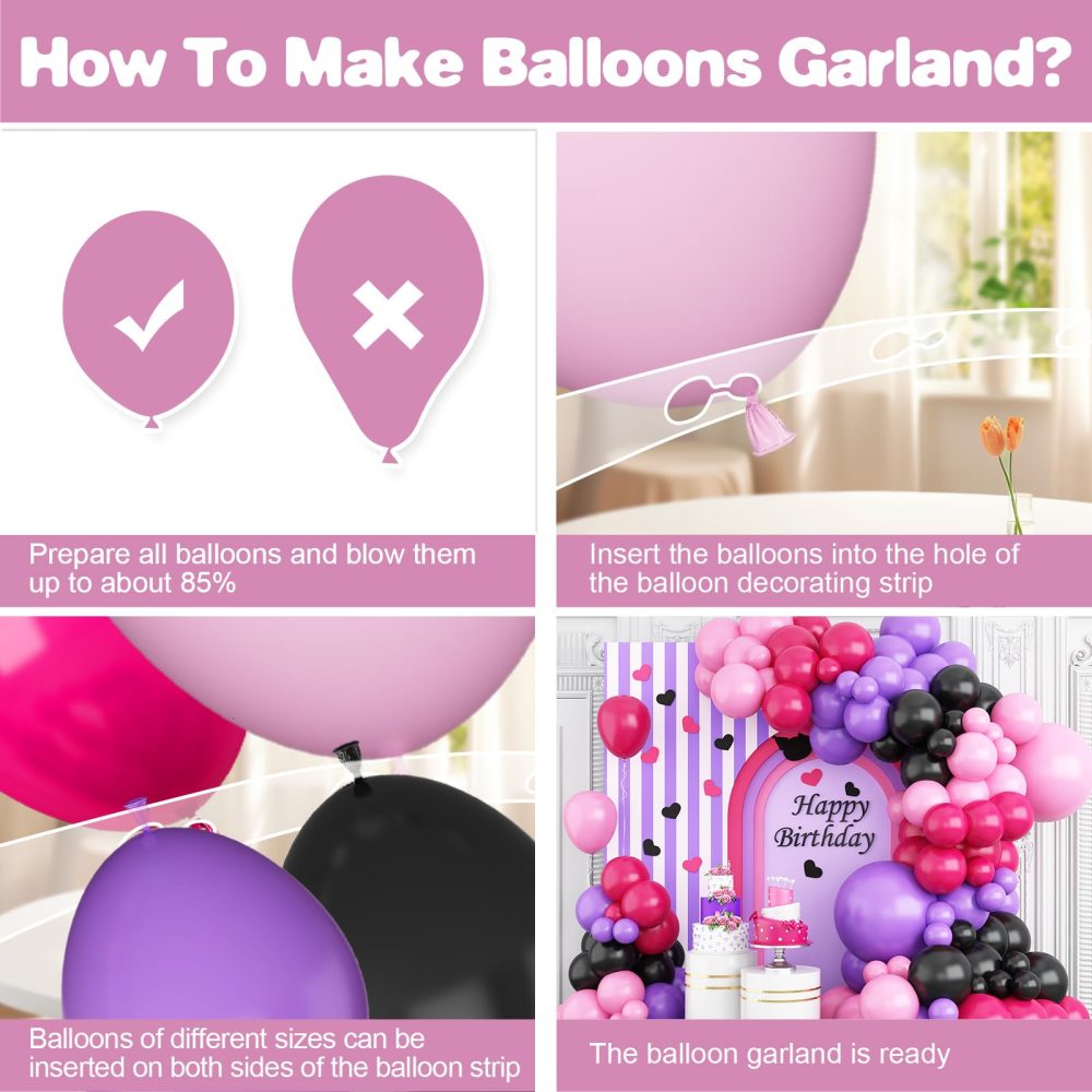 Hot Pink and Purple Balloon Arch Garland Kit, Rose Red Black Pink Purple Latex Balloon, KUMI Party Balloons for Cute Anime Kawaii Cartoon Character Birthday Party Decor Supplies - Image 6