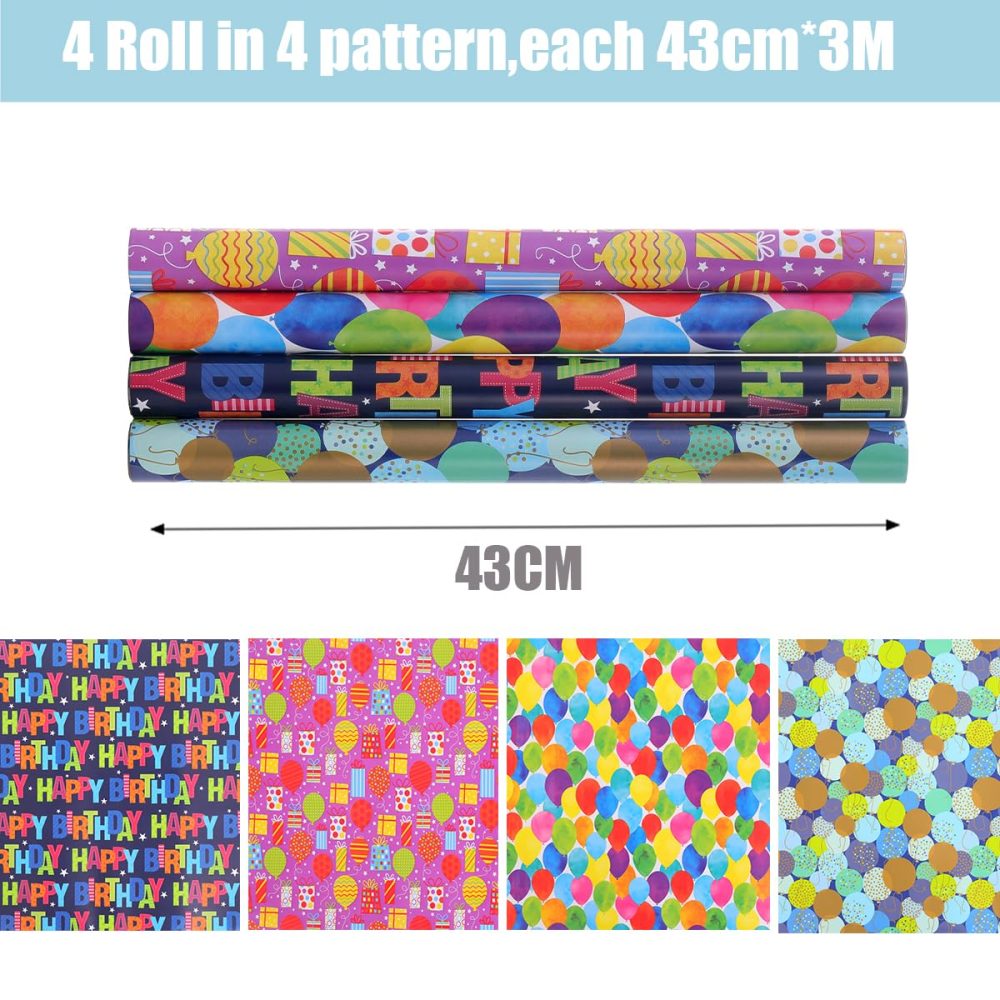 HBell Birthday Wrapping Paper Rolls,4 Rolls Happy Birthday Wrapping Paper,Colourful Gift Wrapping Paper 43cm x 3M,Suitable for Birthday,Baby Shower,Party,Festive Decorations - Image 7
