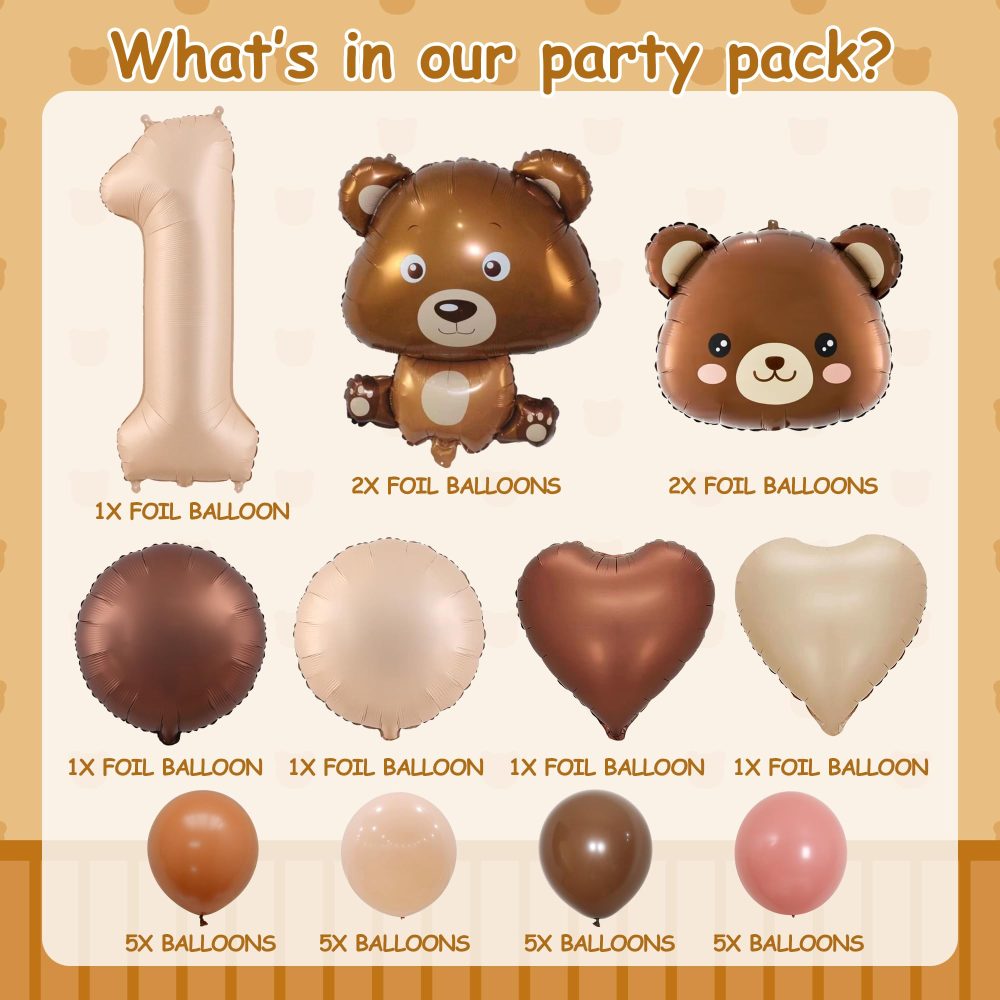 Brown Bear 1st Birthday Decorations - Bear Theme Party Decoration with Number 1 Foil Balloon, Brown Bear Balloon, Brown Bear Head, Latex Balloons, for Boys and Girls Baby Shower First Birthday - Image 7