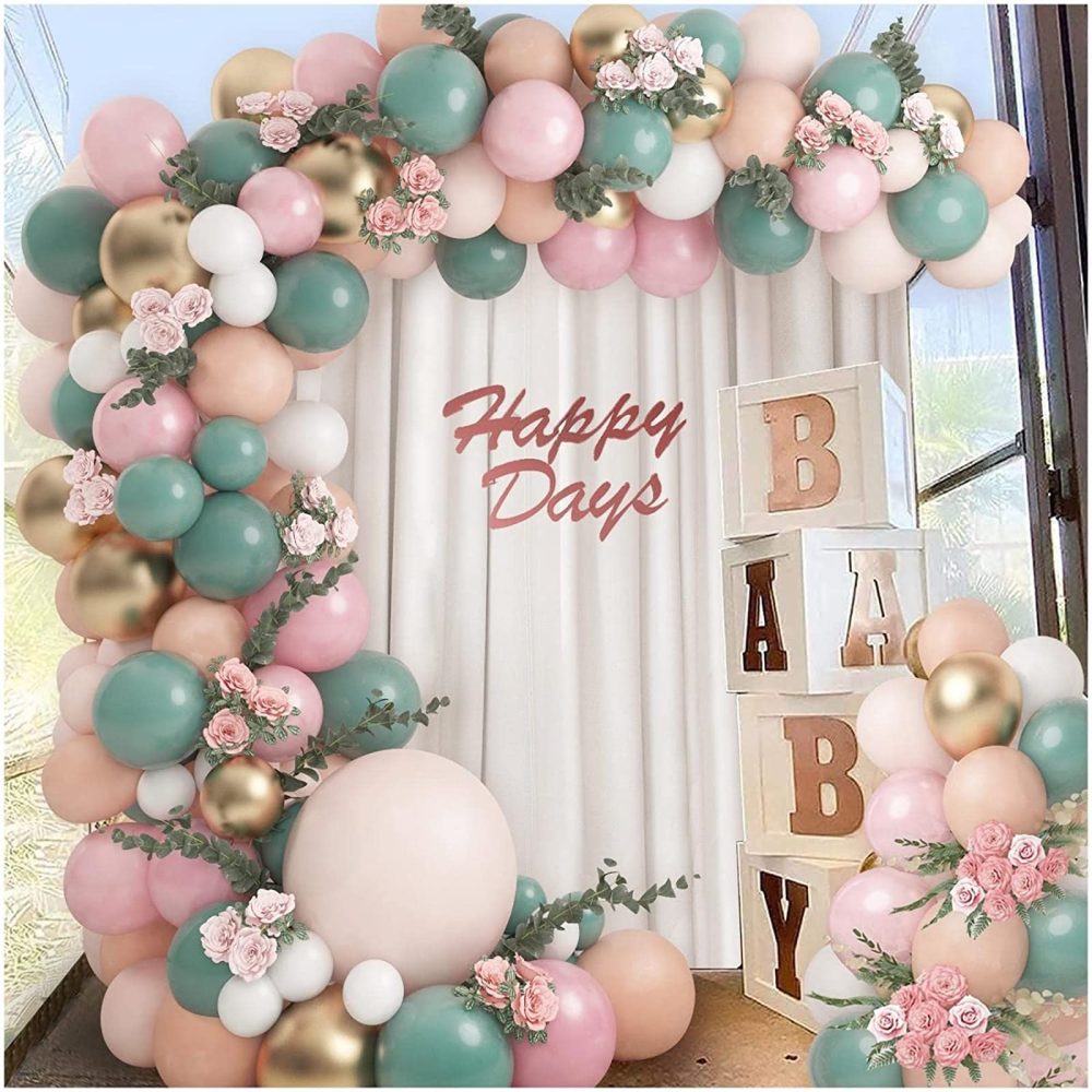 Sage Green Balloon Arch Kit, 120pcs Olive Green Pink Peach Blush Balloons Garland Kit With Metallic Gold Balloon, Pastel Pink Balloons for Birthday Wedding Baby Shower Gender Reveal Party Decoration