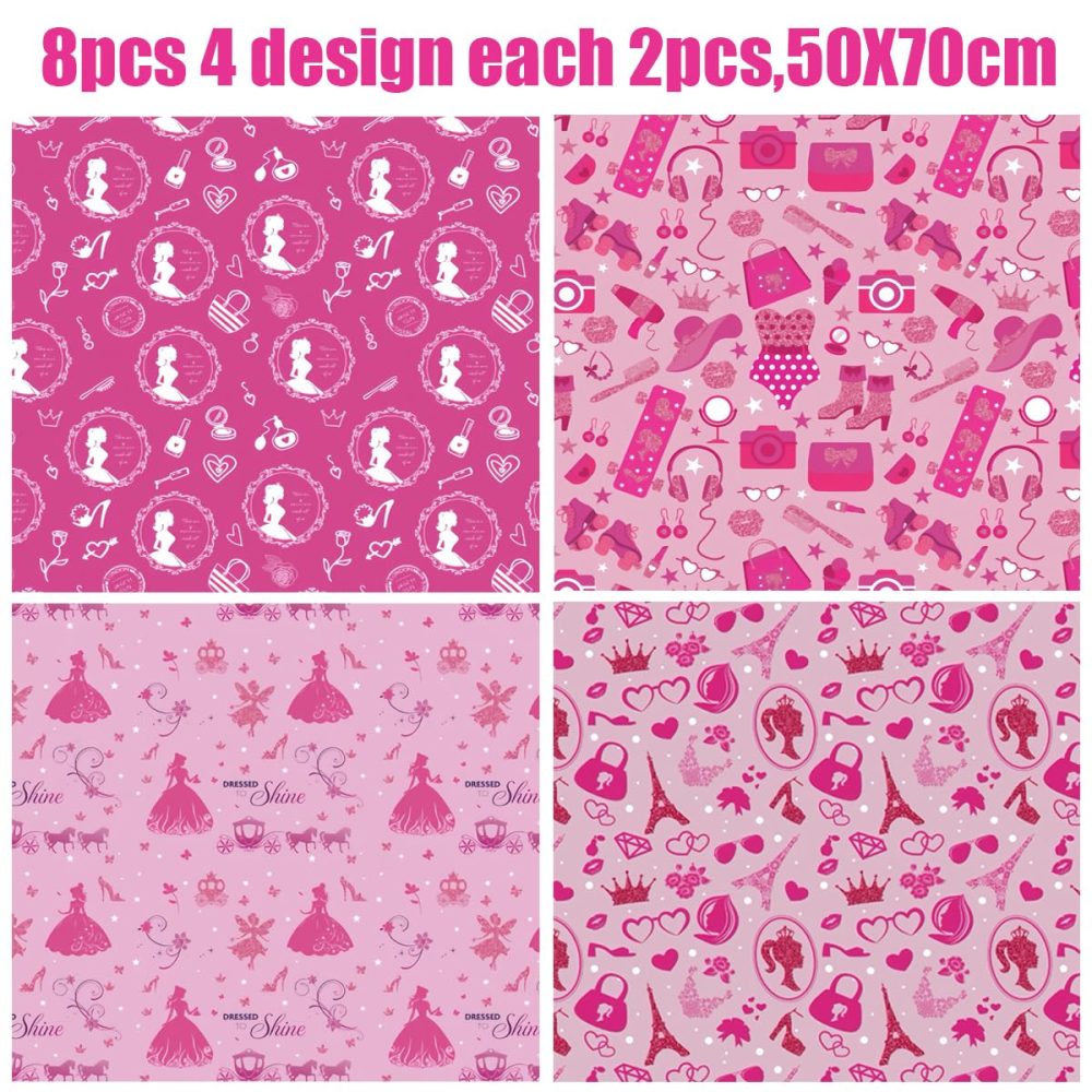 8 Sheets Girl Princess Wrapping Paper 50x70cm Hot Pink Girl Party Gift Wrap Paper Pink Birthday Wrapping Paper for Girls Birthday Baby Shower Craft Gift DIY Decor - Image 7