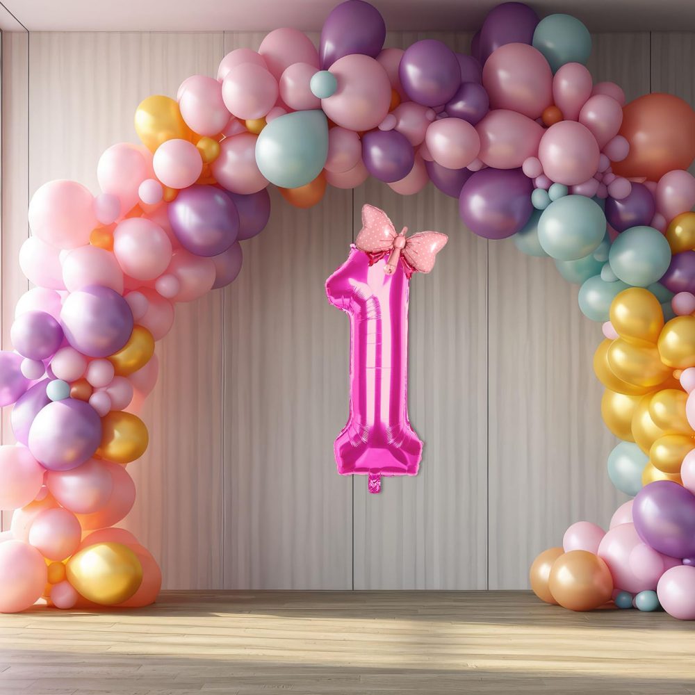 Number Birthday Balloons, Pink Number Balloon Number Balloons For Birthday Party Bow Tie Helium Foil Balloons for Birthday Party Wedding Anniversary Events Supplies (Number 1) - Image 2