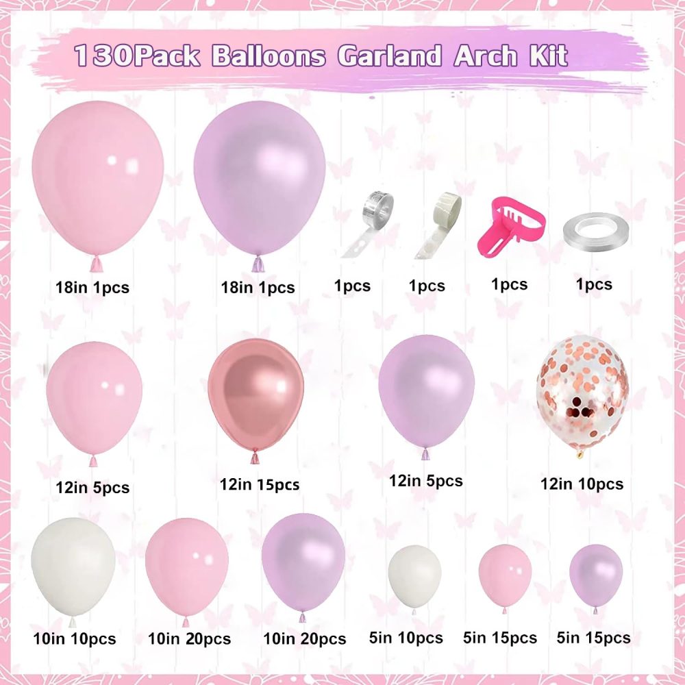 Pink Purple Balloon Arch Kit, 130pcs Pastel Pink Balloons Garland Kit With Metallic Rose Gold Balloon, Party Balloons for Birthday Wedding Valentine's Day Princess Baby Shower Party Decoration - Image 6