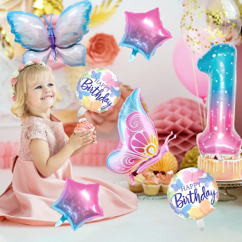 Jiusely Age 1 Birthday Decorations for Girls, Number 1 Butterfly Balloons, 1-6 Gradient Birthday Balloons, 1 Birthday Butterfly Theme Party Supplies, Butterfly Foil Balloon Birthday Girl Decoration - Image 3
