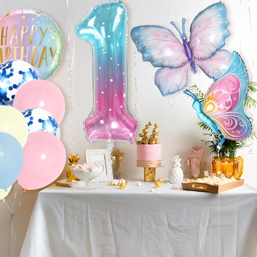 Number 1 Foil Balloons Set, Blue Pink 1st Birthday Party Balloon, Girls Butterfly Balloons, Decorations Supplies for Baby Shower Decorations School Party Celebration (Number 1) - Image 4