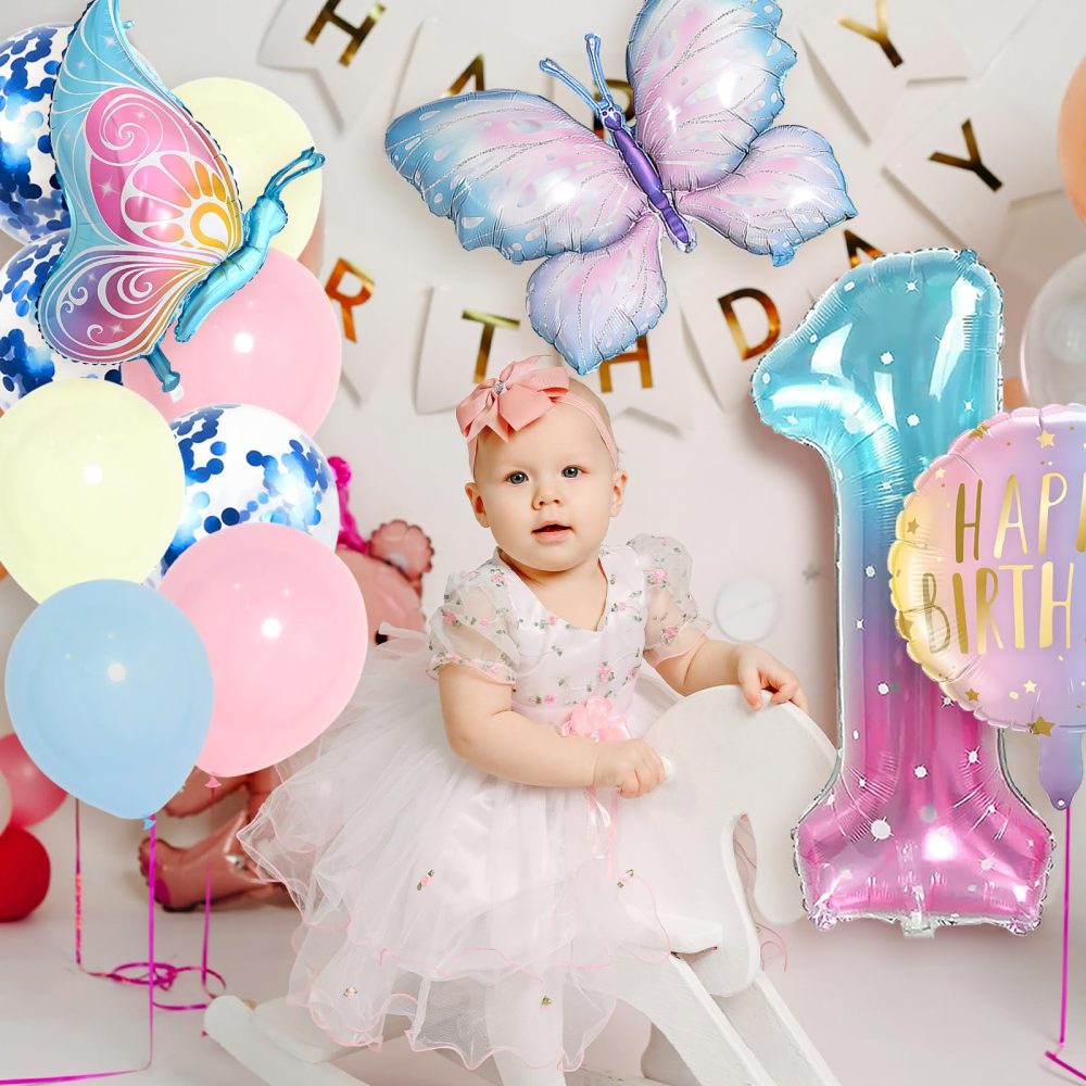 Number 1 Foil Balloons Set, Blue Pink 1st Birthday Party Balloon, Girls Butterfly Balloons, Decorations Supplies for Baby Shower Decorations School Party Celebration (Number 1) - Image 2