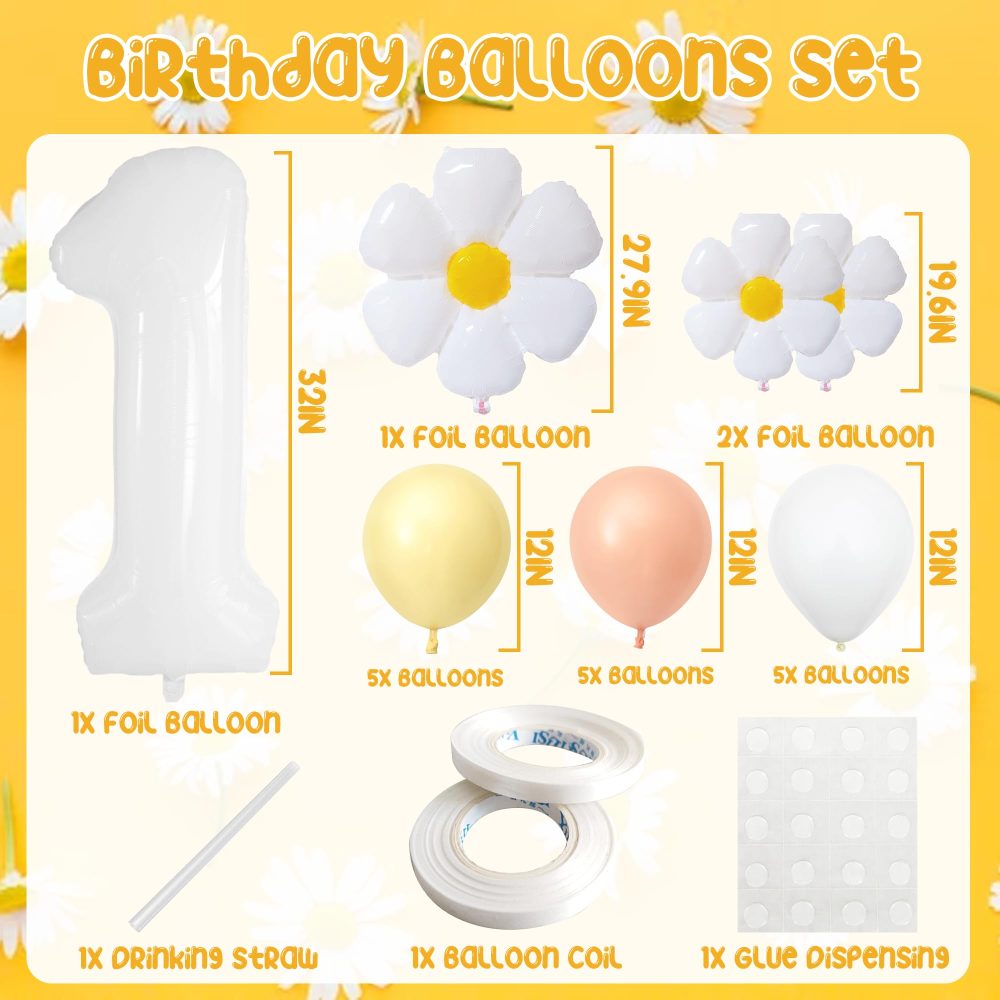 Daisy Theme 1st Birthday Balloons, 32 Inch White Number 1 Balloon with Daisy Foil, Latex Balloons for Daisy Balloon Garland as Party Decorations, Birthday, Wedding, Baby Shower Decorations - Image 7