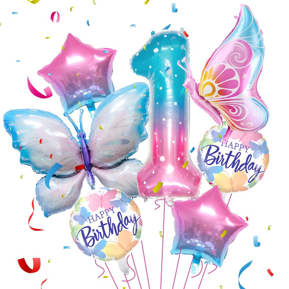 Jiusely Age 1 Birthday Decorations for Girls, Number 1 Butterfly Balloons, 1-6 Gradient Birthday Balloons, 1 Birthday Butterfly Theme Party Supplies, Butterfly Foil Balloon Birthday Girl Decoration