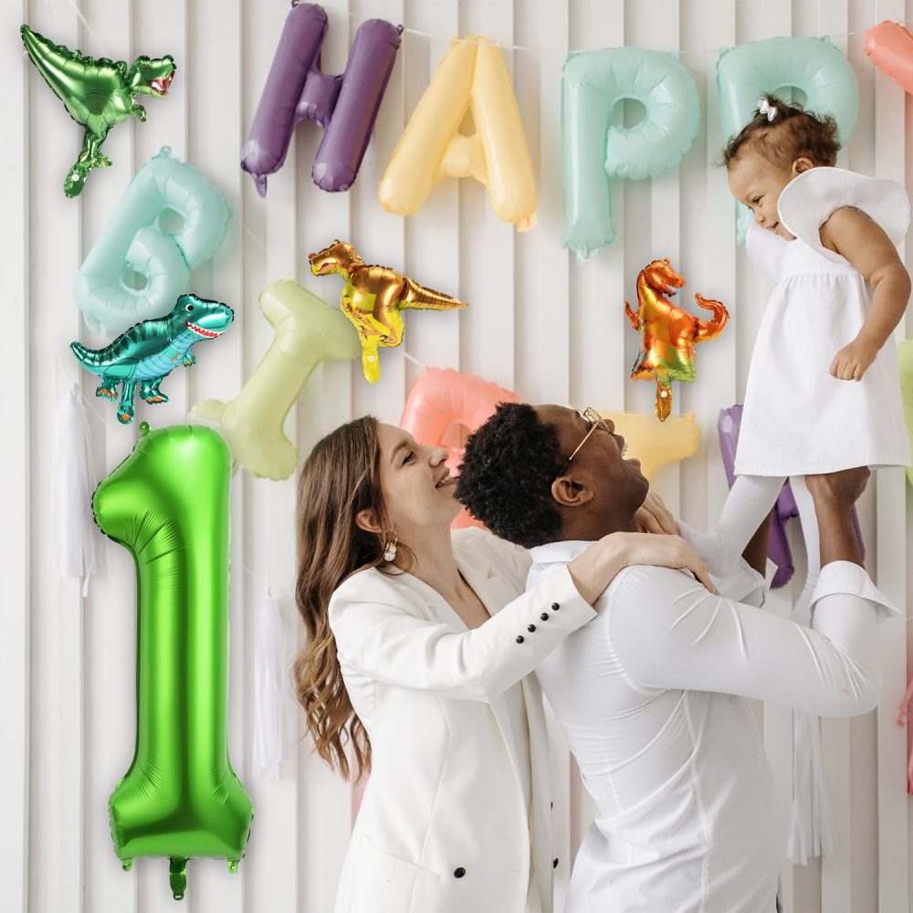 40 Inch Number Balloon with 4 Cute Dinosaur Balloons, Aluminum Foil Large Numeral Balloons Green Dino Balloons Set for Boys Girls Jungle Themed Birthday Party Decoration Supplies (Number 1) - Image 4