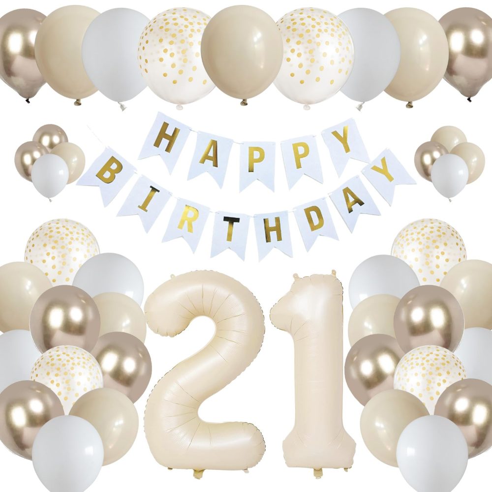 21st Birthday Decorations for Girls Women Sand White Gold Balloons Arch Kit with Cream Number Foil Balloon Happy Birthday Banner Boho Beige White Metallic Champagne Gold Party Decor for 21 Years Old - Image 3