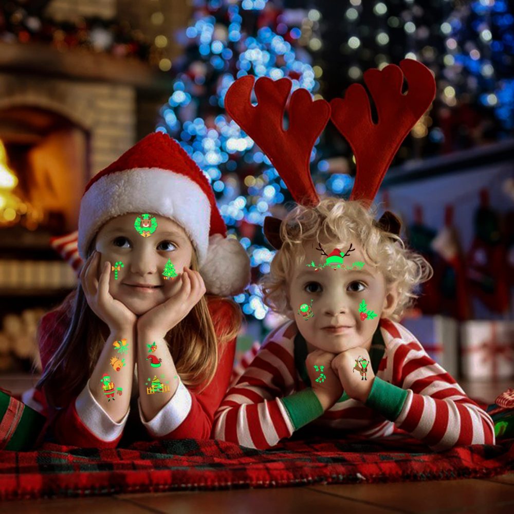 STYPOP Christmas Tattoos Kids Stocking Fillers,200+ Styles(16 Sheets) Christmas Eve Box Fillers Kids Tattoos Luminous Temporary Tattoos for Christmas Party Supplies Favors - Image 6