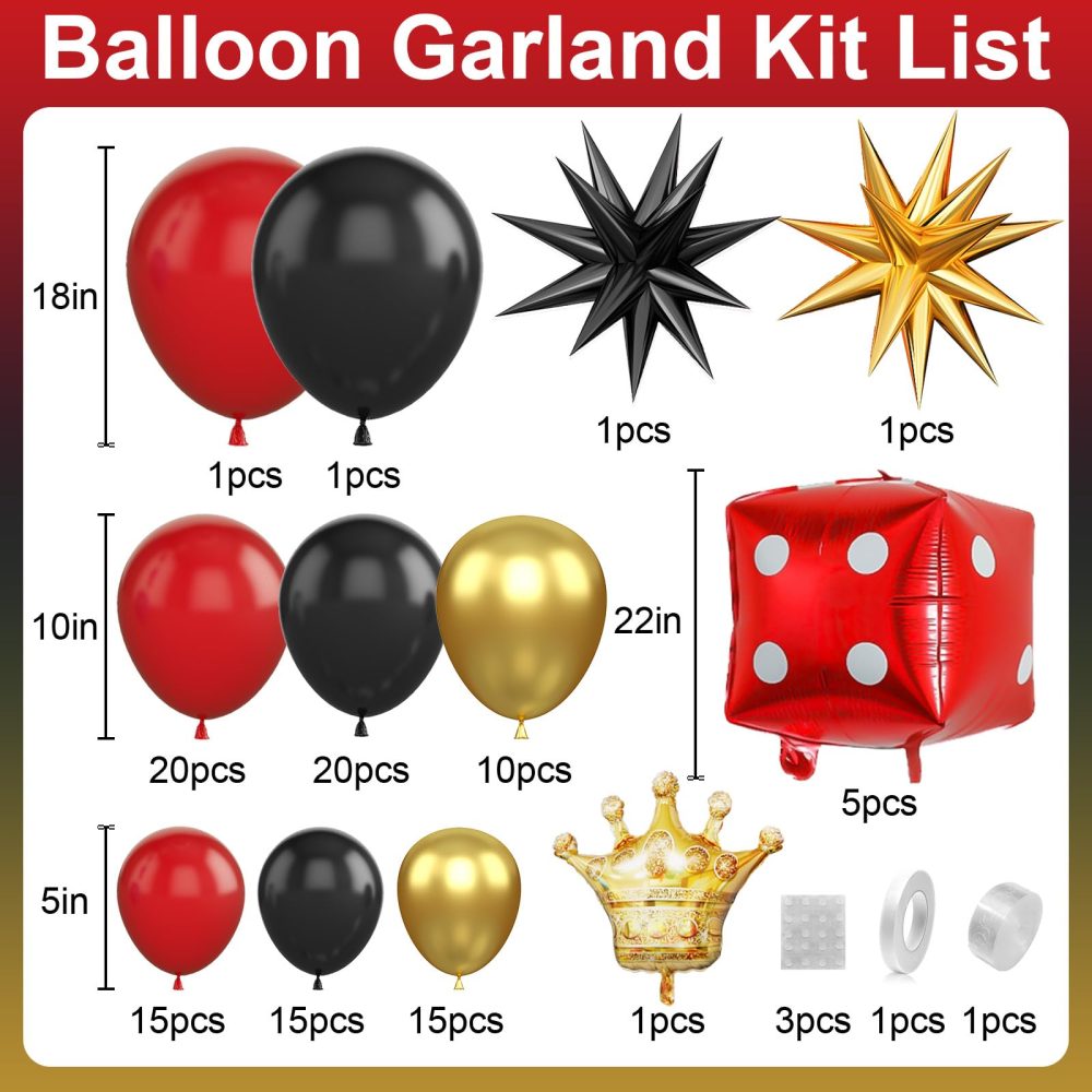 Red Black and Gold Balloons Arch Kit, Casino Theme Balloon Garland with Black Gold Starburst Crown Dice Foil Balloons for Women Men Casino Las Vegas Game Night Poker Theme Birthday Party Decor - Image 7