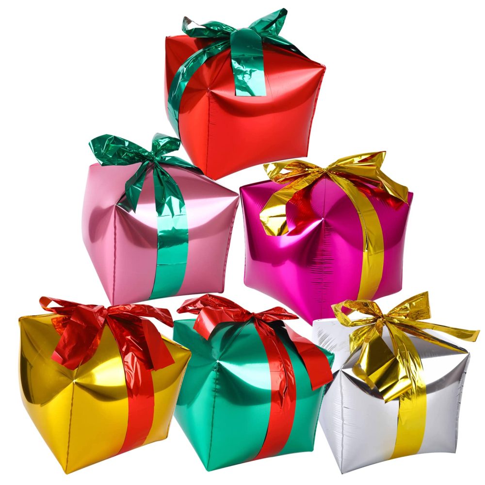 6 Pcs Christmas Aluminum Foil Gift Box Balloons, Square Shaped Foil Balloons Present Box, Cube Foil Balloons Present Box Balloon for Christmas Party Decoration Supplies Party Favors Gift