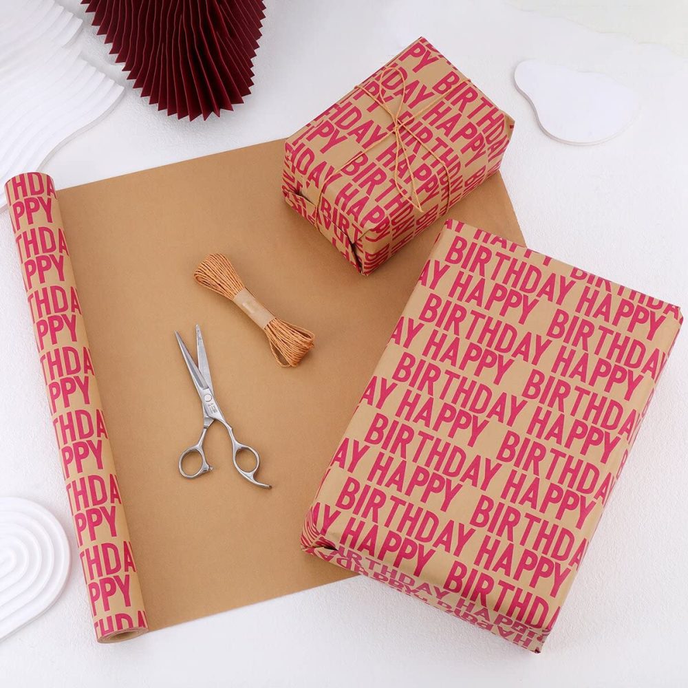 HBell Birthday Wrapping Paper Roll,15m Red Happy Birthday Wrapping Paper,Recyclable Kraft Gift Wrapping Paper with Tape Paper Rope for Boy Gilrs Men Women Birthday Decorations - Image 3