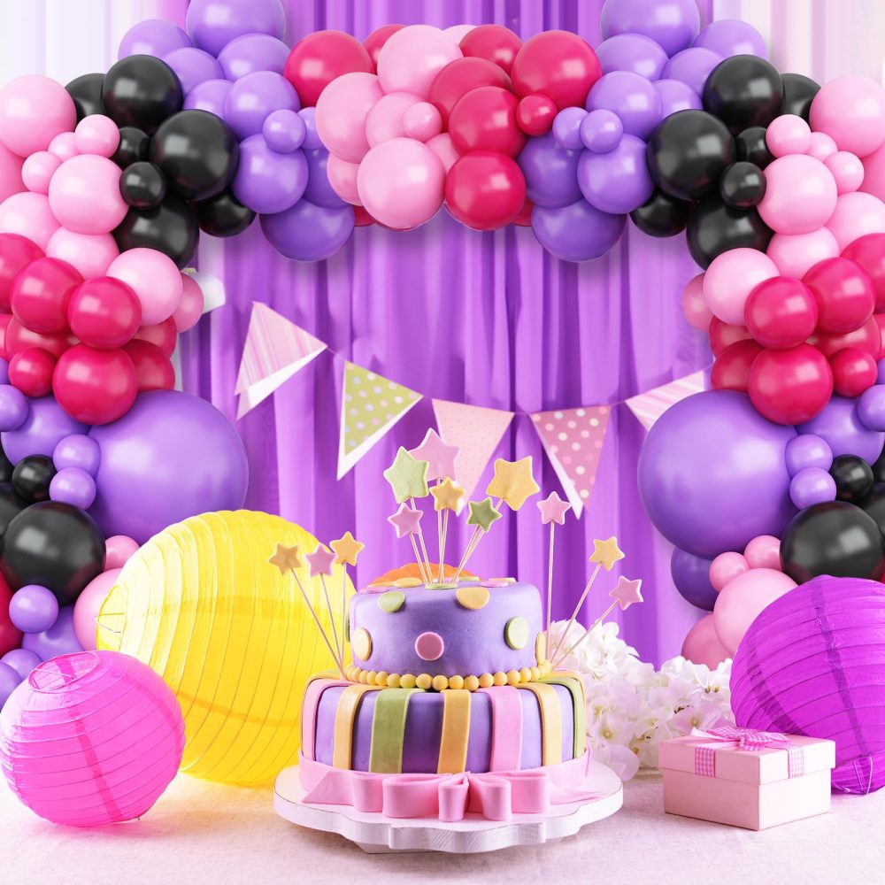 Hot Pink and Purple Balloon Arch Garland Kit, Rose Red Black Pink Purple Latex Balloon, KUMI Party Balloons for Cute Anime Kawaii Cartoon Character Birthday Party Decor Supplies - Image 5