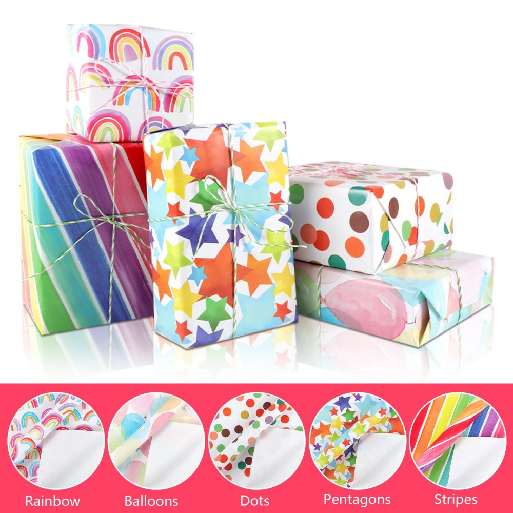 Wrapping Paper, 5 Packs 43 cm x 300 cm Wrapping Paper Birthday Roll Recyclable Rainbow Gift Wrap Paper Colored Stripe Wrapping Paper Mini Paper Rolls for Birthday Wedding Baby Shower - Image 6