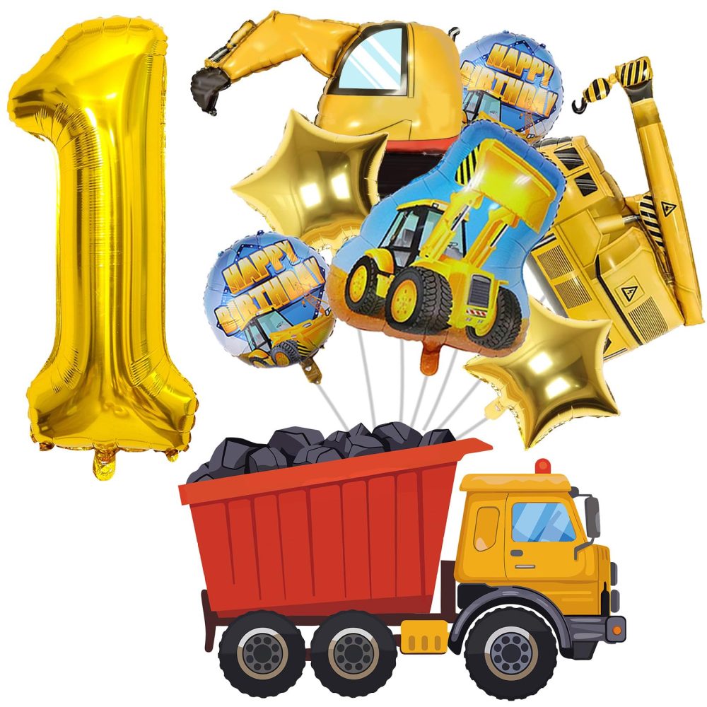 Teslite Construction Balloons 1 Year Old, 9Pcs Party Supplies with 40 Inch Gold Number Balloons, Large Digger Set, Happy Birthday Foil for Boys 1st Decorations