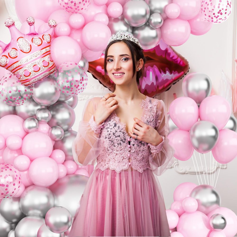 Pink and Silver Balloon Garland Arch Kit, 18/12/10/5 Inch Pastel Pink Silver Party Balloon with Pink Crown Foil Balloons for Princess Girls Baby Shower Wedding Birthday Party Decor - Image 2