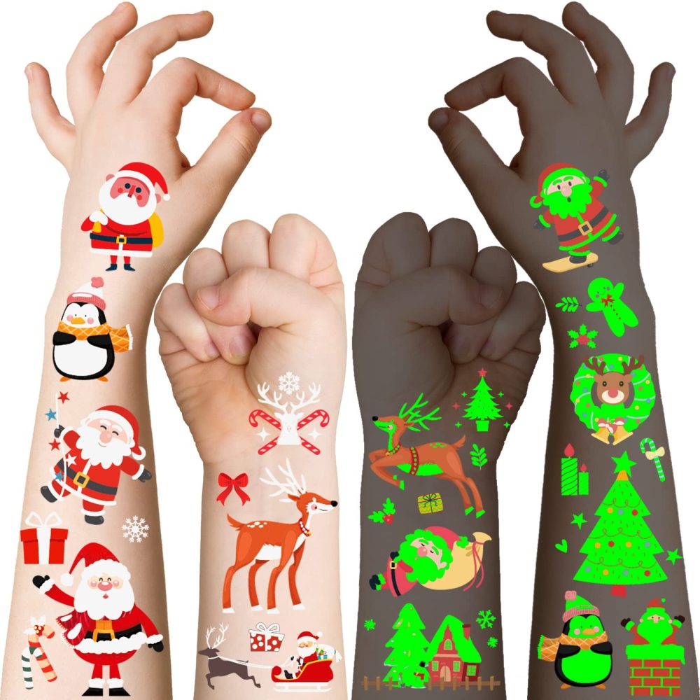 STYPOP Christmas Tattoos Kids Stocking Fillers,200+ Styles(16 Sheets) Christmas Eve Box Fillers Kids Tattoos Luminous Temporary Tattoos for Christmas Party Supplies Favors