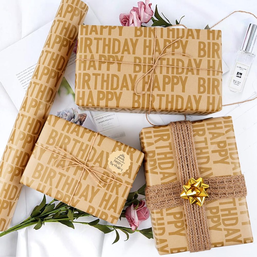 Birthday Wrapping Paper Roll, Gold Happy Birthday Kraft Wrapping Paper Set, Gift Wrapping Paper with Stickers and Paper Rope, Birthday Wrapping Paper for Boys Girls Men Women, 43CMx15M - Image 6