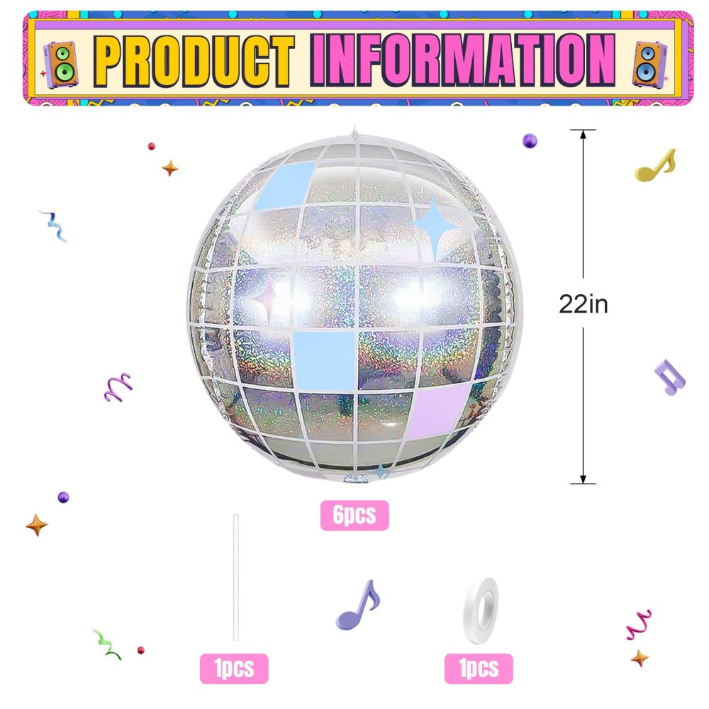 6Pcs Disco Ball Balloons Iridescent,22Inch Glitter Silver 4D Large Aluminum Foil Disco Balloons for Birthday Bachelorette 70s 80s 90s Disco Theme Party Decorations - Image 7