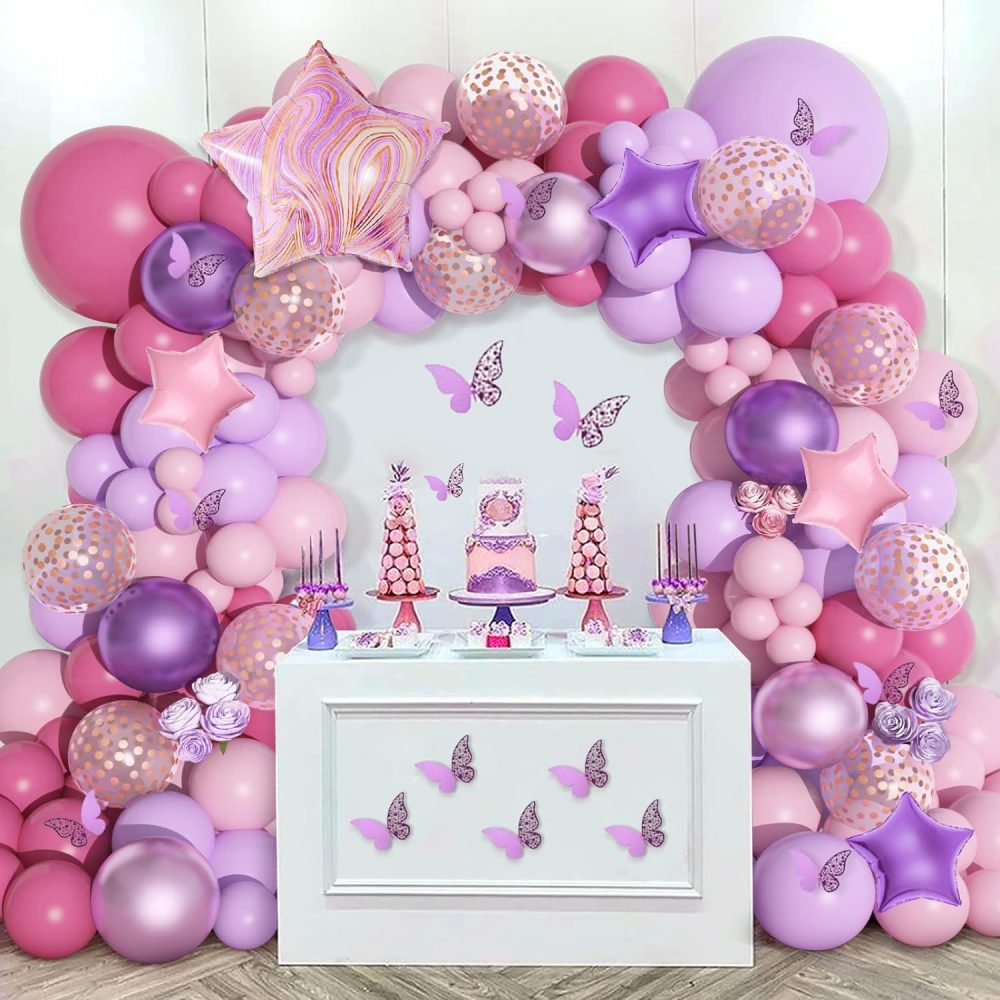180Pcs Pink Purple Balloon Arch Kit 12 Hollow Butterfly Sticker Bitrthday Purple Pink Party Decoration for Girls Woman Star Foil Balloon Butterfly Decoration for Baby Shower Weeding Party Decor