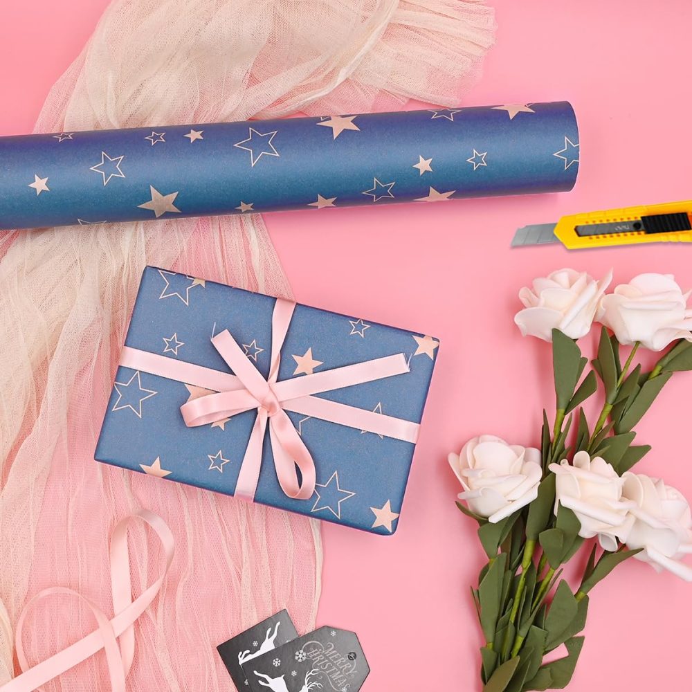 43cm*15m Blue Kraft Wrapping Paper Roll,Topeedy Star Recycle Gift Wrapping Paper for Xmas Birthday Halloween Graduation Festival -Star - Image 4