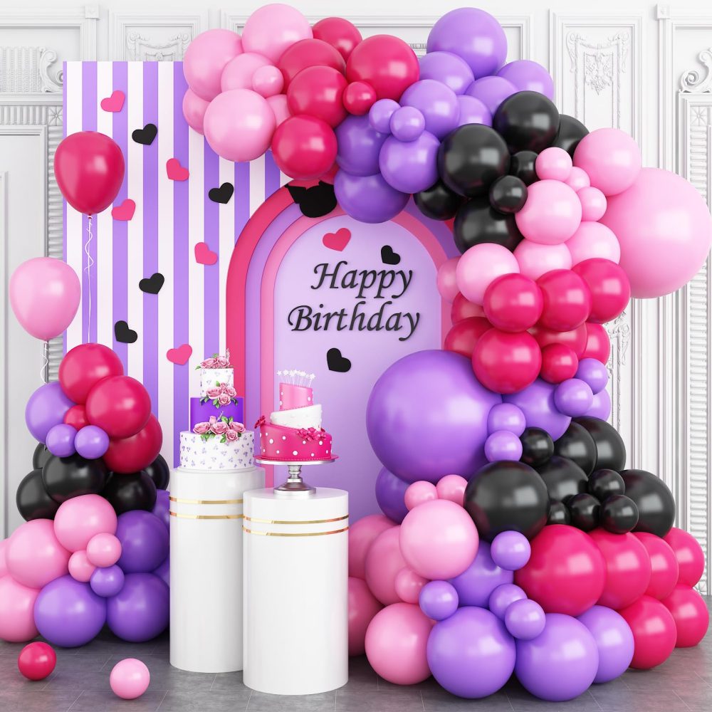 Hot Pink and Purple Balloon Arch Garland Kit, Rose Red Black Pink Purple Latex Balloon, KUMI Party Balloons for Cute Anime Kawaii Cartoon Character Birthday Party Decor Supplies