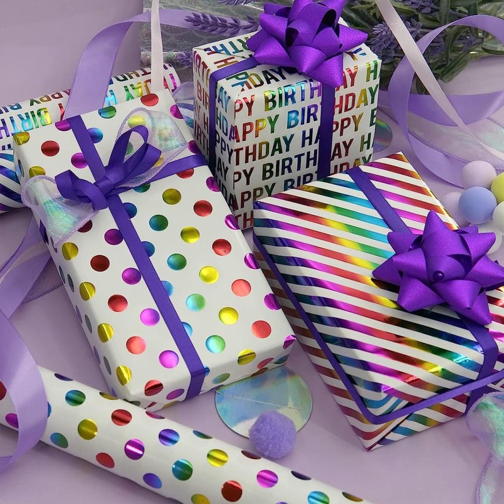 3 Roll Colourful Wrapping Paper(43cm x 3m),Rainbow Birthday Gift Wrapping Paper for Christmas,Birthday - Image 3