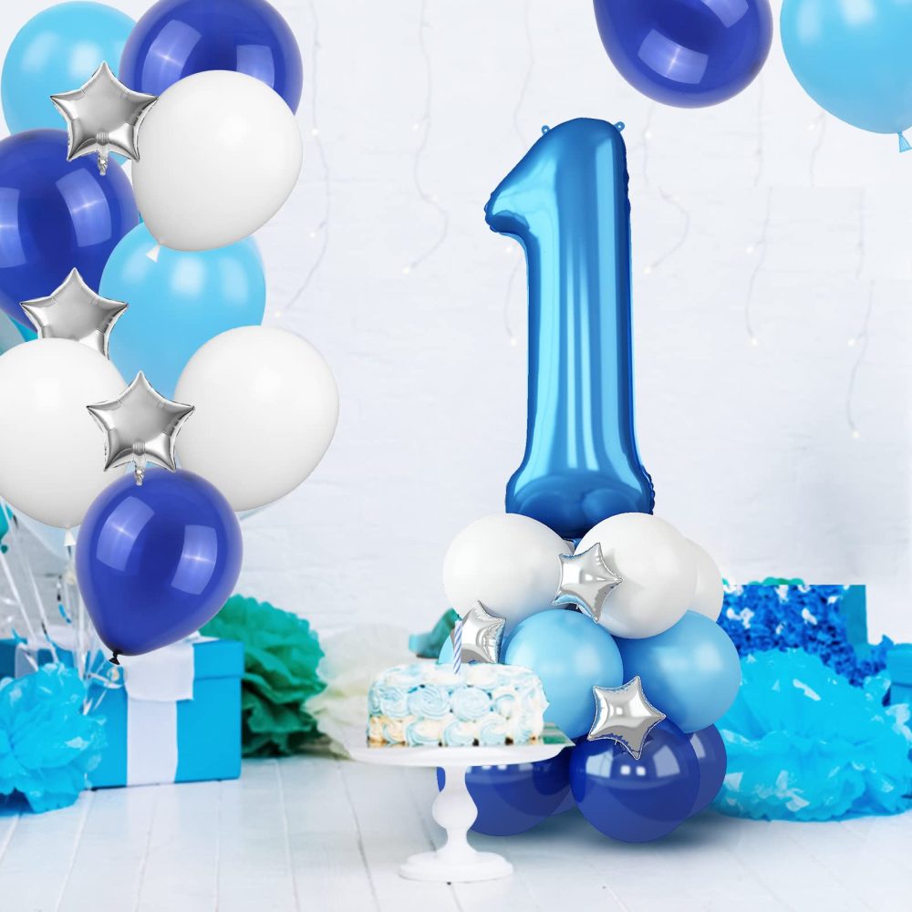 40 Inch Blue Number 1 Birthday Balloons, 1st Foil Mylar Big Number Birthday Helium Balloons with Star Mylar Latex Balloons for Boys Girls 1st Party Balloons Anniversary Decorations - Image 3