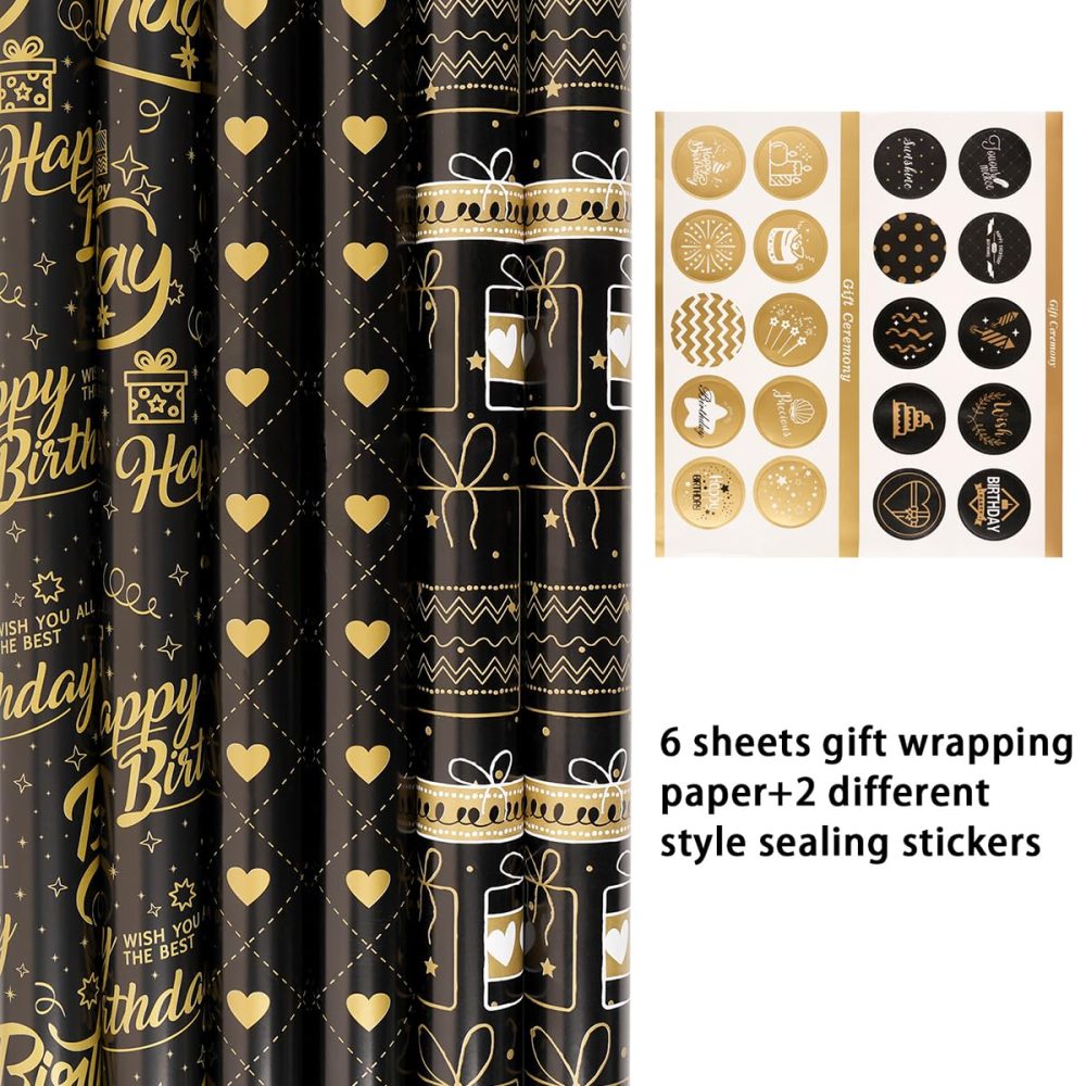 Gift Wrapping Paper, 6 Sheets Wrapping Paper with Stickers, Black Gold Wrapping Paper with Hearts Happy Birthday Gift Bag Pattern Gift Wrapping for Birthday Graduation Baby Shower, 70x50CM - Image 4