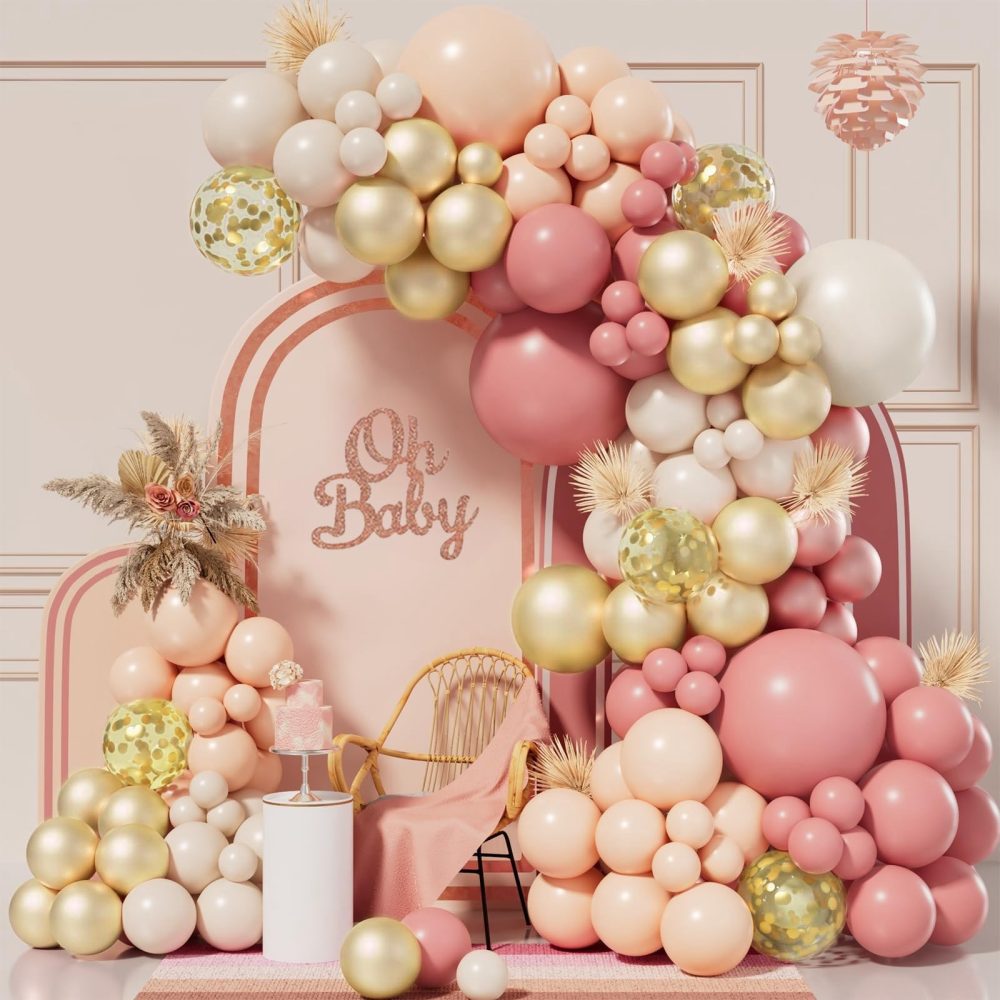 Pink Balloon Arch Kit, 138pcs Blush Pink White Gold Beige Balloon Garland, Dusty Pastel Pink Nude Gold Confetti Latex Balloons for Birthday Wedding Bridal Valentine Princess Party Decorations