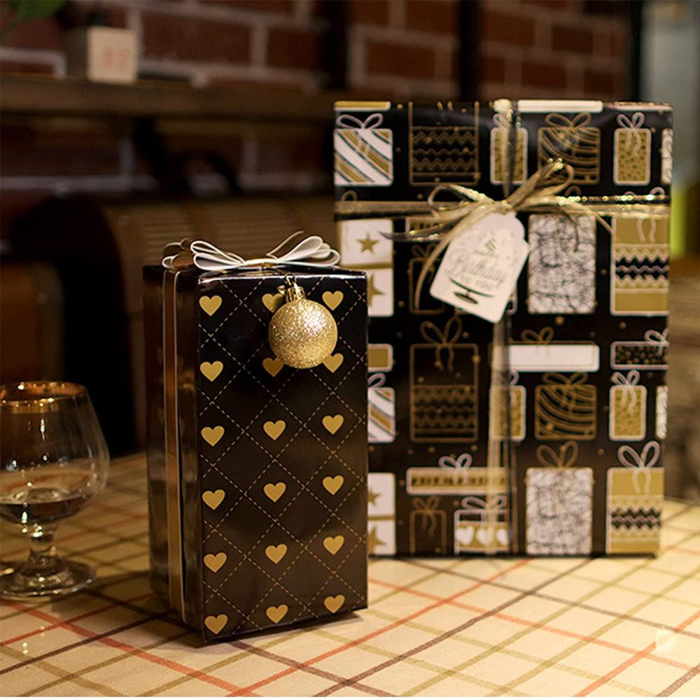 Gift Wrapping Paper Set 6 Sheets 3 Styles Happy Birthday Wrapping Paper Roll with 2 Rolls 5M Gold Silk Ribbon Black Gold Wrapping Paper Sheets 70 × 50cm - Image 4