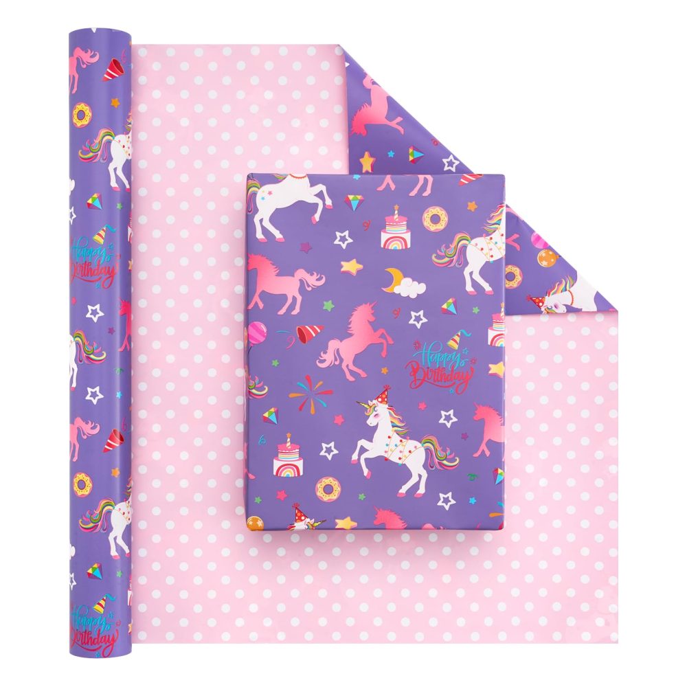 Unicorn Reversible Wrapping Paper Roll - 1 Roll 43,2cm x 10m Happy Birthday Wrapping Paper Roll Kids Unicorn Birthday Gift Wrap Roll Girls Wrapping Paper Polka Dot Design Unicorn Party Favor