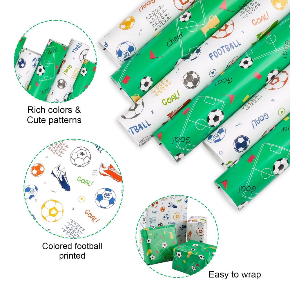 Boys Wrapping Paper, 6Pcs Football Birthday Wrapping Paper Roll (70x50cm), Gift Wrap Paper for Boys Party, Birthday Presents - Image 6