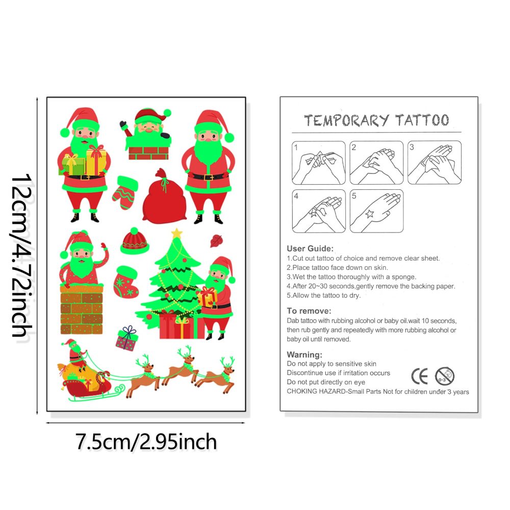 STYPOP Christmas Tattoos Kids Stocking Fillers,200+ Styles(16 Sheets) Christmas Eve Box Fillers Kids Tattoos Luminous Temporary Tattoos for Christmas Party Supplies Favors - Image 8