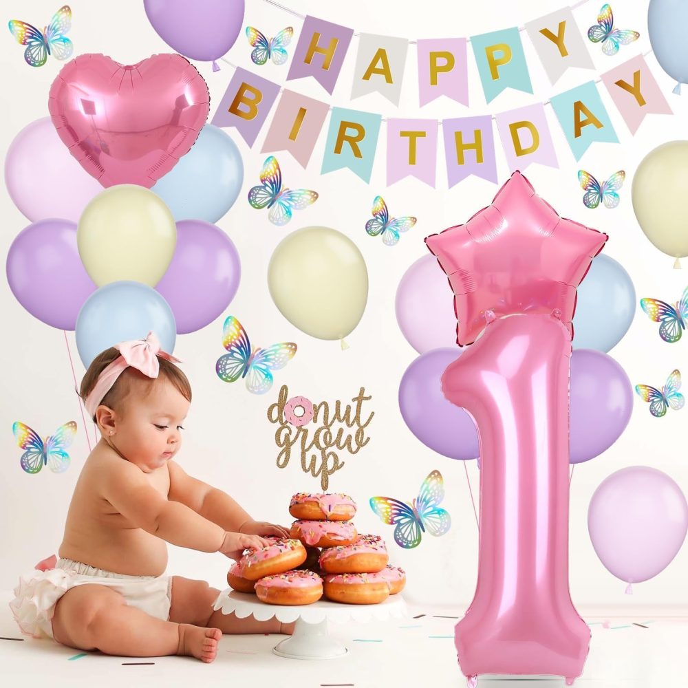 1st Birthday Decoration for Girls, Pastel Macaron 1st Birthday Balloon, Pink Number 1 Balloon with Butterfly Stickers, Star Heart Foil Balloons Banner Set for Baby 1 Year Old Birthday Party Decor - Image 4