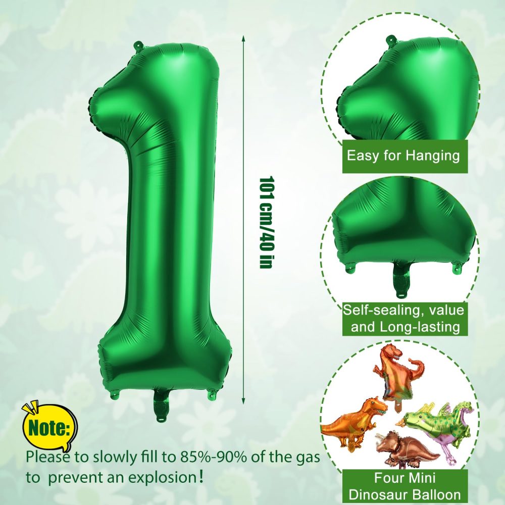 40 Inch Number Balloon with 4 Styles Cute Dinosaur Themed Balloons, Aluminum Foil Large Numeral Balloons Dark Green Dinosaur Party Decorations for Birthday Boys Girls Baby Shower (Number 1)… - Image 7