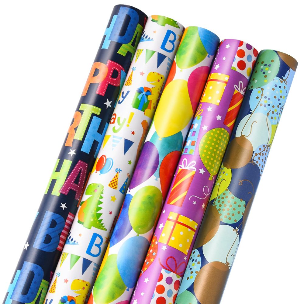 Birthday Wrapping Paper Roll, 5 Rolls 43cm x 3M Gift Wrapping Paper for Boys, Girls, Kids - Perfect for Birthdays, Parties & Graduation - Image 8