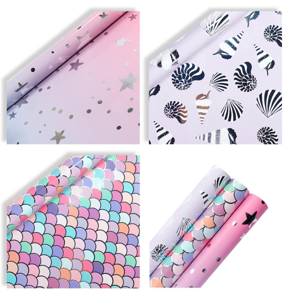 ZYOOO Mermaid Wrapping Paper Roll,3 Rolls-43x300cm Per Rolls, Metallic Foil with 3 Different Design Gift Wrapping for Birthday,Holiday,Girls,Baby Shower,Party DIY Pack - Image 3