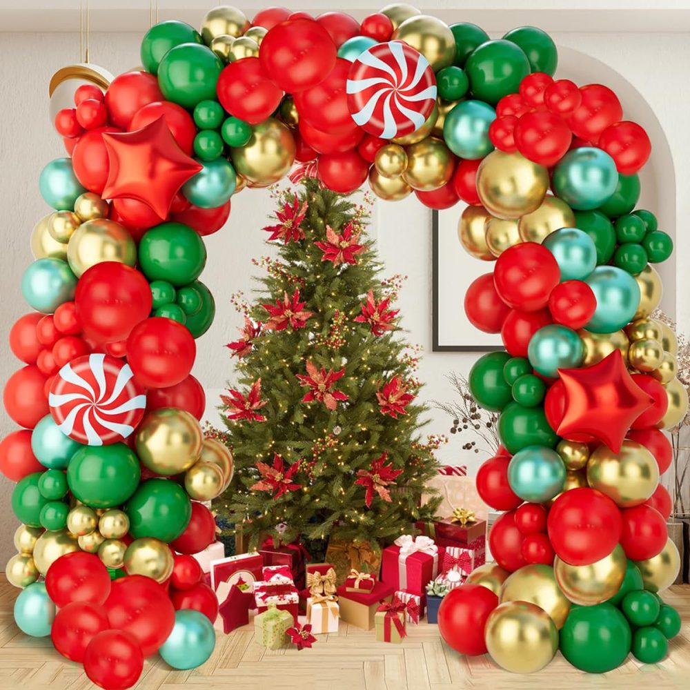 Christmas Balloon Arch Kit,146Pcs Red Green Gold Christmas Balloons Garland with Xmas Foil Candy Balloons Foil Star Balloons, Xmas Balloons for Christmas Party Decorations, Xmas Decorations, New Year